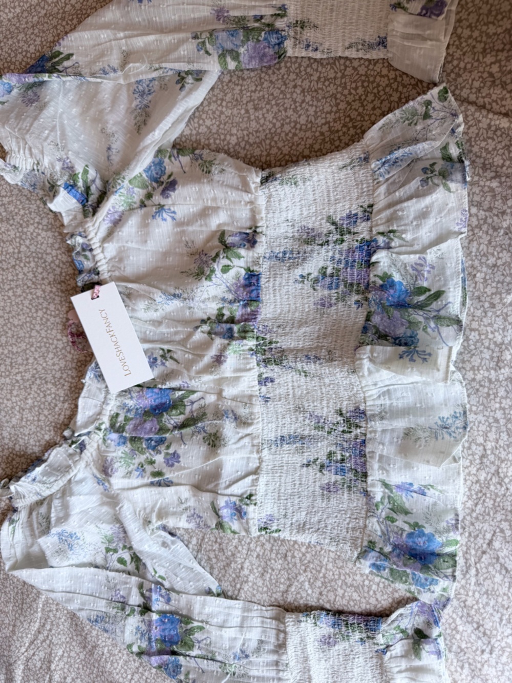 LoveShackFancy White Floral Smocked Blouse with Blue & Green Accents